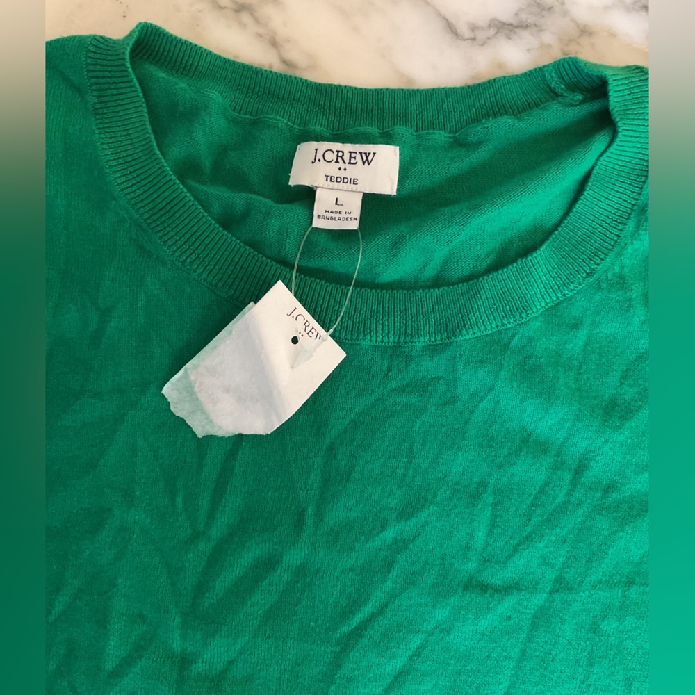 NWT JCrew Teddie Kelly Green Cotton Pullover Sweater L XL Small hole Incl patch - Picture 4 of 14